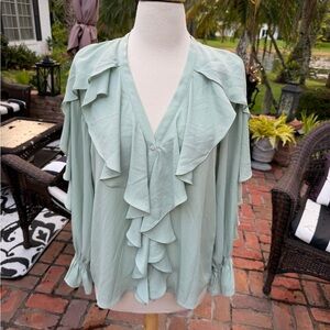 Zara Ruffled V-Neck Long Sleeve Blouse in Sage Green small